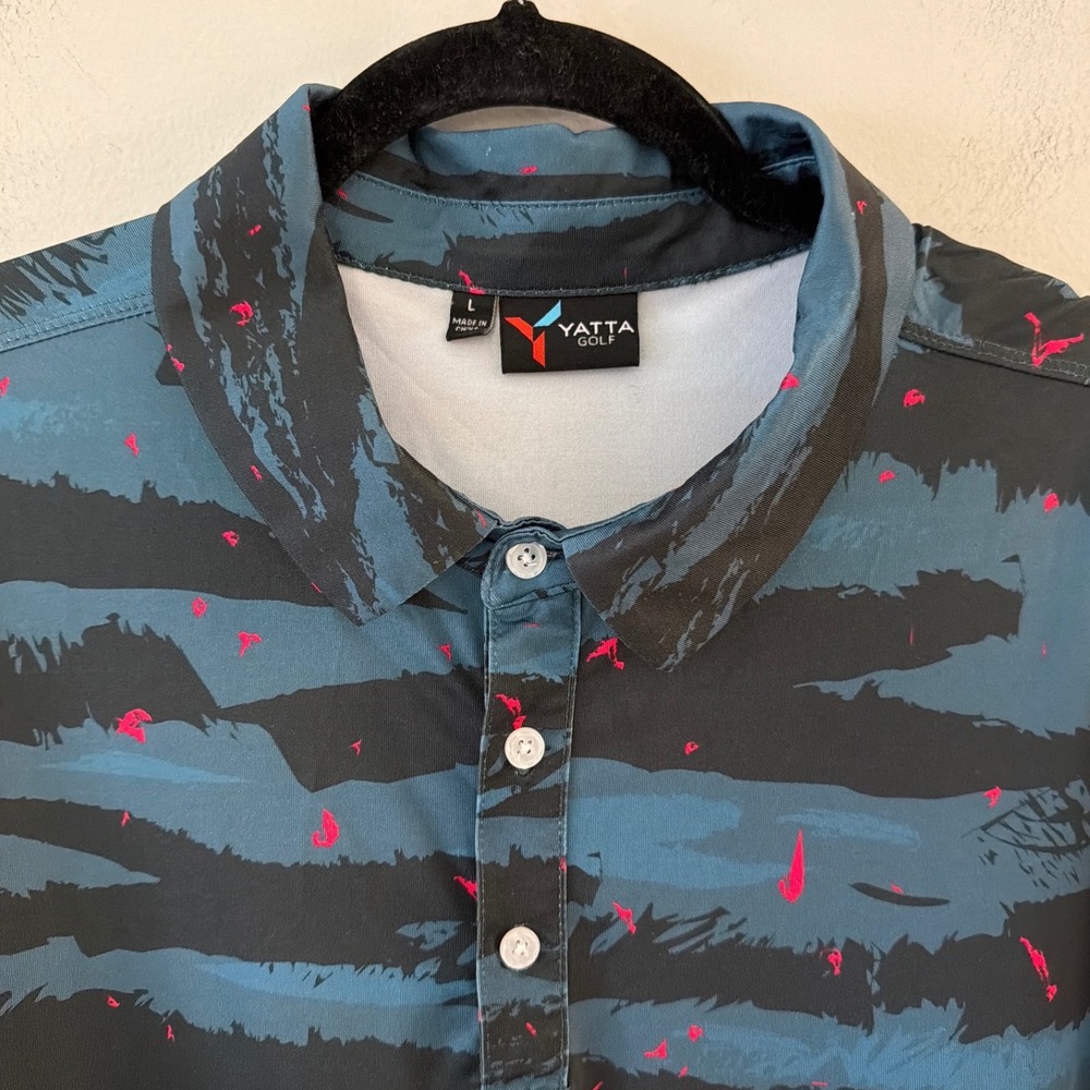 Yatta Golf Men Performance Polo Shirt Large Teal Black Pink Abstract Tiger Print